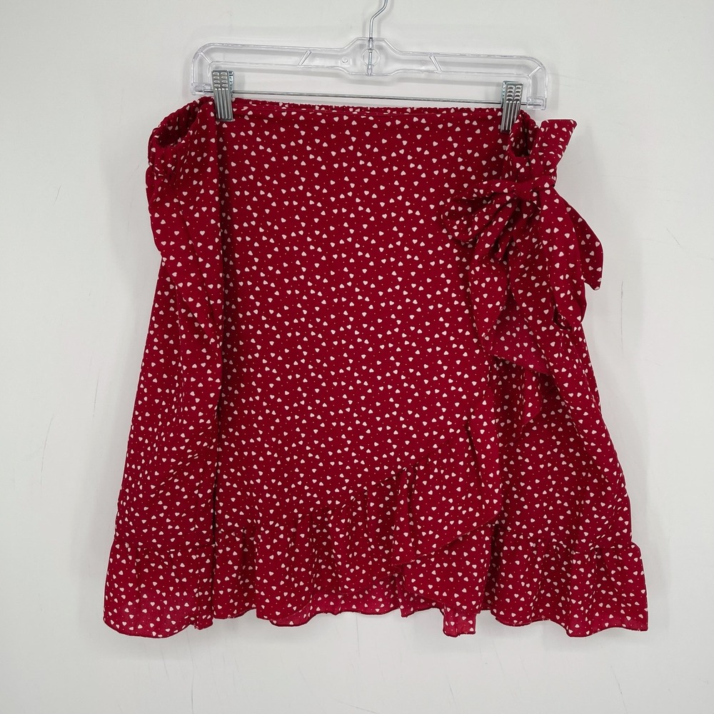 SHEIN Women's Red Allover Heart Print Ruffle Tie Side Wrap Skirt Plus Size 4XL